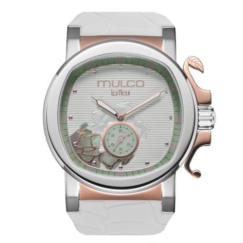 MULCO Le Fleur Gardenia Womens Watch 43 mm Stainless-Steel Case Rose-Gold Bezel Mother-of-Pearl Dial with Crystal Accents Pure Silicone Strap Quartz Multifunction Movement 10 ATM Waterproof