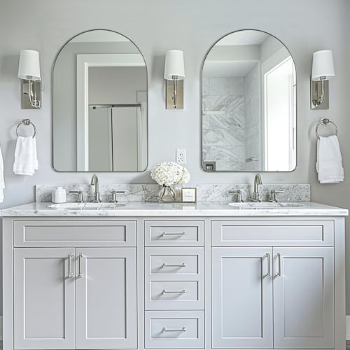 Image of ANDY STAR Arched Wall Mirror, 24 x 38 Inch Brushed Nickle Bathroom Mirror in Stainless Steel Metal Frame, Arch Top Rounded Corner 1 Inch Deep Set Design Wall Mount Hangs Vertical