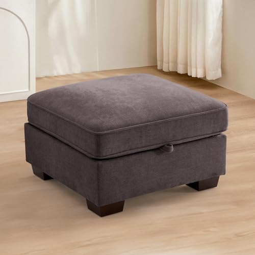 Image of TEKAMON 27.5 inch Storage Ottoman, Square Footrest with Sponge Padded Seat, Chenille Fabric Step Stool for Sofa, Bedroom, Living Room, Entryway, Modern Change Shoes Stool, Wood Legs,(Dark Grey)