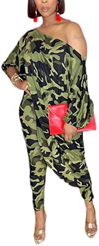 MESLIMA Women's Camo Print Loose One Shoulder Half Sleeve Flowy Hem Tops Skinny Pant Set 2 Pcs Lougwear Set Camouflage XL