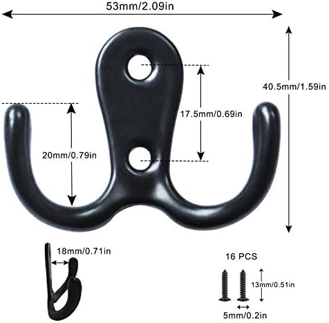 6 PCS Double Prong Coat Hook Dual Prong Robe Hooks with 16 PCS Screws Wall Mounted Door Hooks for Hanging Clothing Hat Towel Chrome Retro Cloth Hanger Black for Hanging in Bedroom Bathroom Kitchen
