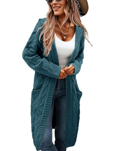 XINWEIZZ Women's Hooded Open Front Long Cardigan Cable Knit Sweaters Side Pocket Oversized Chunky Cardigan Outwear Coat Turquoise