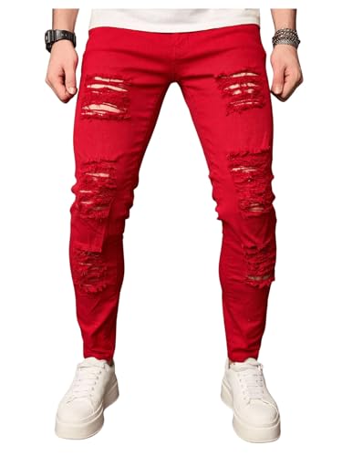 WDIRARA Men's Denim Splash Ink Print Ripped Raw Hem Distressed Skinny Jeans Pants with Pockets