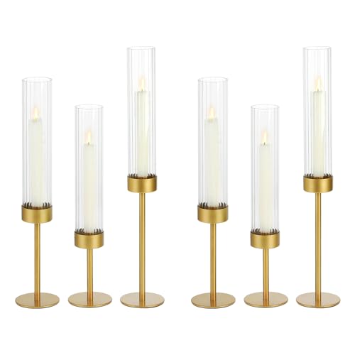Glass Hurricane Candle Holders Set of 6-Gold Metal...