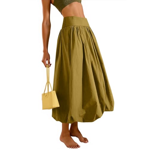Summer Skirts for Women 2025 Y2k Elastic High Waisted Midi Bubble Skirt A Line Pleated Long Flowy Skirt with Pockets