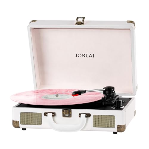 Image of Record Player 3 Speeds Turntable with Bluetooth Built-in Battery Stereo Speakers Vintage Record Player Belt Driven Portable Suitcase PC Recording White