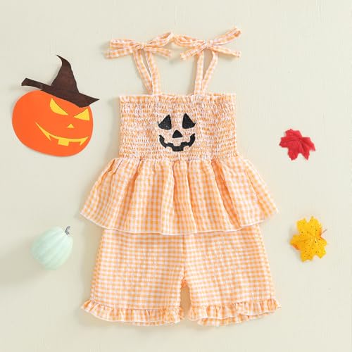 Rtnnsbbfcm Baby Girl Halloween Outfit Pumpkin Face Smocked Romper Sleeveless Short Jumpsuit Toddler Halloween Clothes2