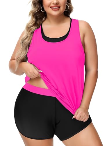NIeyook Womens Swimsuit Plus Size Tankini with Boyshorts Tummy Control 3 Piece Swimwear Athletic U Neck Modest Bathing Suits Hot Pink 24 Plus/6XL