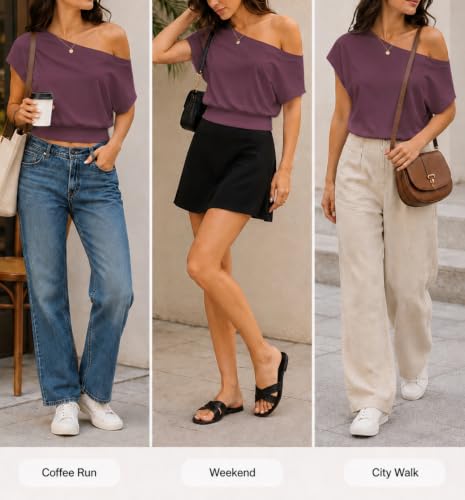Image of SOFIA'S CHOICE Women's Off The Shoulder T Shirt Crop Top Casual Summer Dolman Sleeve Asymmetrical Cinched Waist Tops