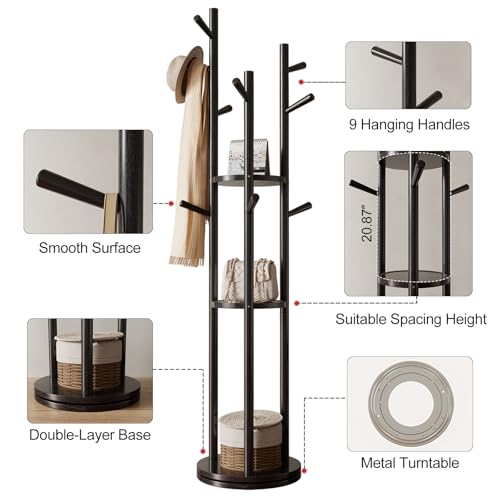 KungFuWood Coat Rack, Solid Wood Rotary Coat Rack Stand, Freestanding Coat Rack with 3 Shelves and 9 Hooks, Sturdy and Easy to Assemble Coat Tree for Entryway, Bedroom, Coats, Bags (Black)