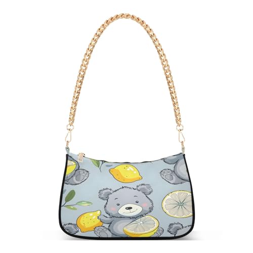 Image of Shoulder Bags for Women Vintage Yellow Lemon Fruit and Blue Print Hobo Tote Handbag Small Clutch Purse with Zipper Closure