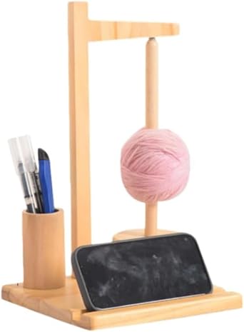 Natural Wooden Yarn Holder 360 Degree Rotation Pen Practical and Artistic Interior Decorative Knitting Needle Storage with Smartphone Stand Retro Color Natural