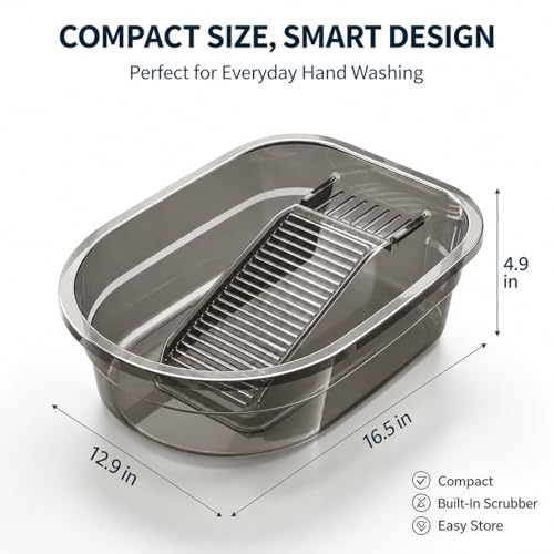 Small Washboard Basin for Hand Washing Clothes, Portable Laundry Tub with Built-in Scrubber, Space-Saving Wash Tub for Home, Travel & Camping (Gray, 16.5 in)