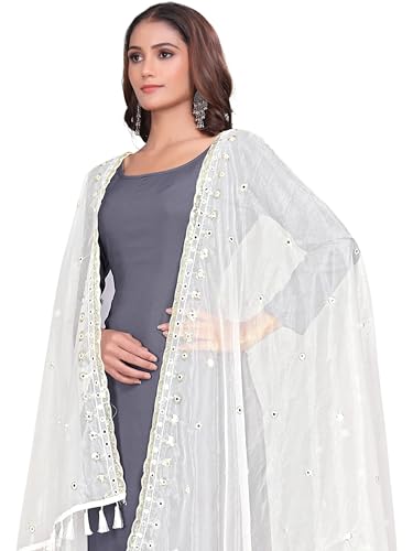 Image of KEMZA Organza Embroidered Dupatta with Mirror & Sequence Work, Tassel Lace Border, Floral Butti Design