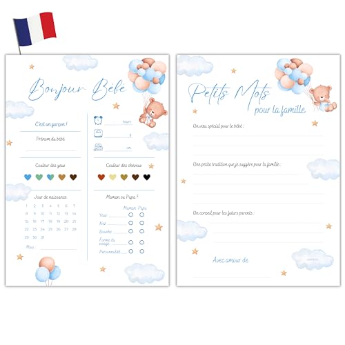 Milijou | 20 Carte pronostic Baby shower garçon | A5 | Jeu de pronostic pour gender reveal, Fête Prénatale, Cadeau femme enceinte, future maman (Garçon)