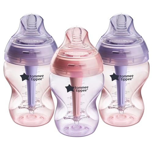 Tommee Tippee Baby Bottles, Natural Start Anti-Colic Baby Bottle with Slow Flow Breast-Like Teat, 260ml, 0m+, Self-Sterilising, Baby Feeding Essentials, Pink & Purple, Pack of 3