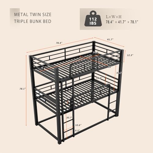 AnoYishev Triple Bunk Bed for Kids,Twin Over Twin Over Twin Metal Bunkbeds with Ladder for Kids Teens Bedroom, No Box Spring Needed, Easy Assembly (Black) - Thumbnail 2
