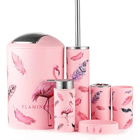 JOTOM 6 Pieces Bathroom Accessories Set,Plastic Bathroom Accessories Toothbrush Holder,Cup,Soap Dish,Hand Sanitizer Bottle,Trash Can,Toilet Brush (Flamingo) Cover