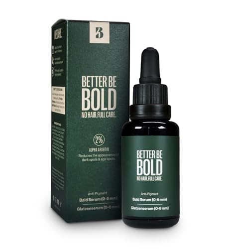 BETTER BE BOLD I Glatzenserum Anti-Pigment 30ml I Reduziert Altersflecken & regeneriert über Nacht I Mit 2 % Alpha Arbutin, Moringaöl & Hyaluron I 98 % natürlich I Vegan I Glatzenpflege Serum