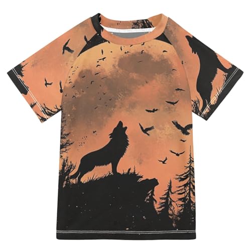 Boys Short Sleeve T-Shirts Wolf Moon Night Forest Rashguard Kids Swim Shirts Sun UPF 50+