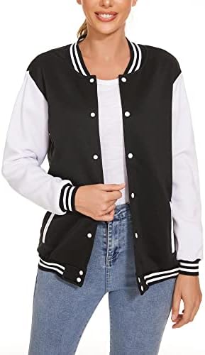 Womans Baseball Jacket Varsity Fleece Jacket Button Down Shirts Tops Long Sleeve Sweatshirt Party Casual Blouses (A,S,Small)