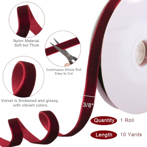 Image of Tsorode 10 Yards Burgundy Velvet Ribbon for Christmas Tree,3 /8 Inch