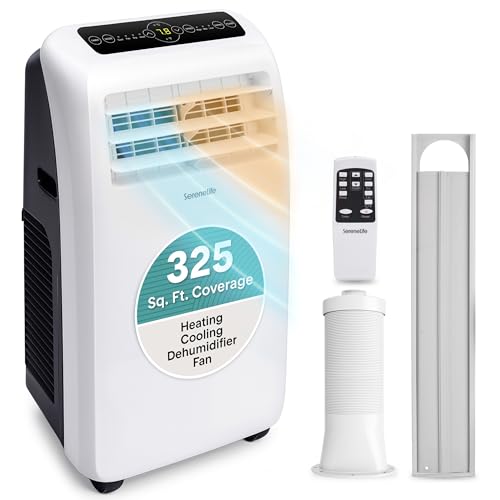 SereneLife Climatiseur portable 12 000 BTU – Unité AC 4-en-1 avec refroidissement, déshumidificateur, chauffage et ventilateur – Comprend une télécommande, un kit de montage sur fenêtre, un