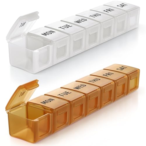 Image of BUG HULL Weekly Pill Organizer Large 2 Packs, Extra Large Travel Pill Organizers, Pill Box 7 Day, Travel Pill Case, Medicine Pill Organizer for Vitamins, Supplements and Medications (Brown+White)