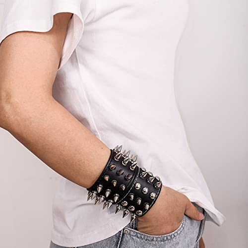 MILAKOO 2 Pcs Black Wristband Cuff Belt Bracelet Bangle Leather Rope Black Punk Rock Bracelet 6-8"2