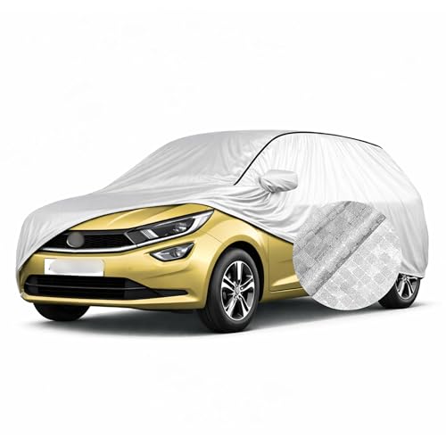 Image of SEAZEN Waterproof Car Cover for Tata Altroz | Dustproof, UV & Scratch Resistant Soft Cotton Lining | Triple Stitched, Mirror Pockets & Elastic Hem | Metallic Silver with Black Piping