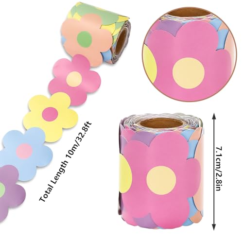 Image of Whaline 32.8 Ft Pastel Flower Bulletin Board Borders Retro Colorful Boho Floral Die-Cut Rolled Bulletin Board Trim for Back to School Classroom Office Decor