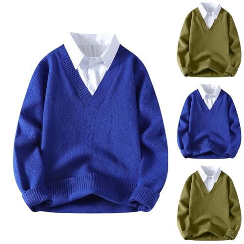Cambkatl Men's Fake-Two-Pieces V Neck Sweaters, Pullover Loose Long Sleeve Cozy Knitted Casual Lapel Sweater Tops2