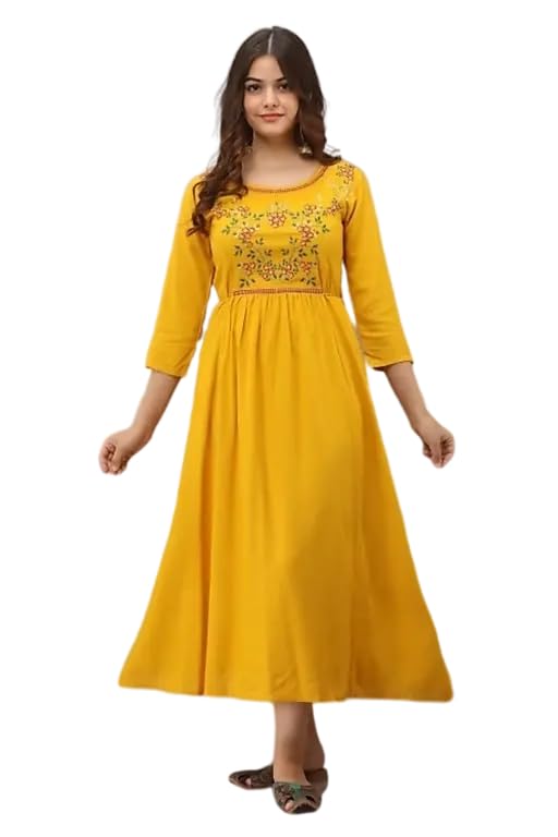 Raj Fashion Women's 3/4th Sleeves Round Neck Rayon Solid Calf Length Anarkali Ethnic Long Gown Yellow-image-41