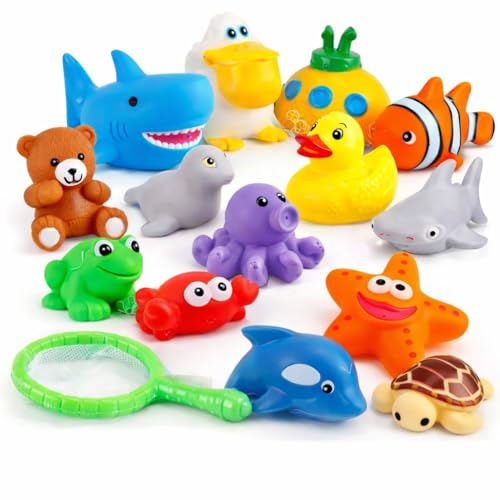 Image of 15 PCS Ocean Animals Rubber Bath Toy Water Squirters with Floating Bathtub Squeeze and Play Soft Sea Creatures anf Fishing Net for Baby, Toddlers and Kids