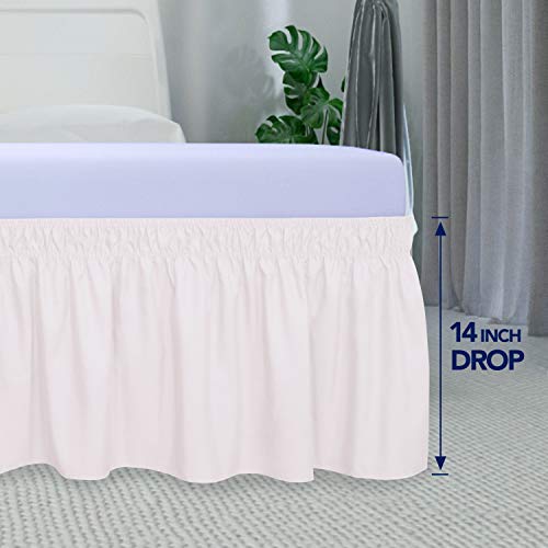 PureFit Wrap Around Ruffled Bed Skirt with Adjustable Elastic Belt - 14 Inch Drop Easy to Put On, Wrinkle Free Bedskirt Dust Ruffles, Bed Frame Cover for Queen, King and C-King Size Bed, Baby Pink