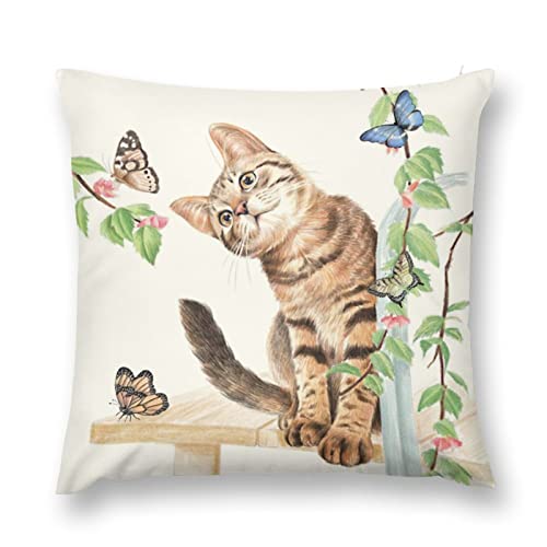 Hedyzone Cat Pillow Covers Butterfly 18"×18" Lovely Cartoon Pattern Beige Background Throw Pillowcase For Home Decor #TOP10