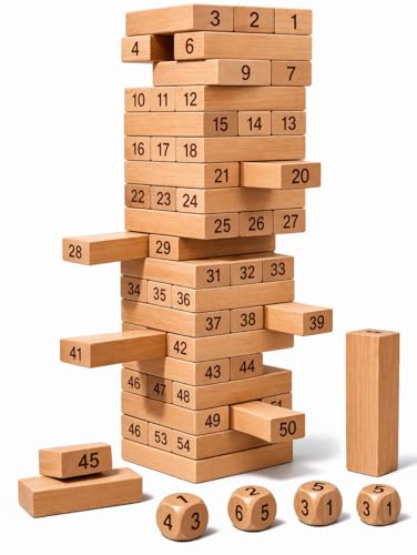 Image of MiniExplorer Toys & Games Wooden 54 pcs Tumbling Tower Party Game for Kids and Adults, Wooden Blocks with Dices Game|Indoor Stacking Puzzles Blocks for Families, Fun Balancing Toy for Boys & Girls