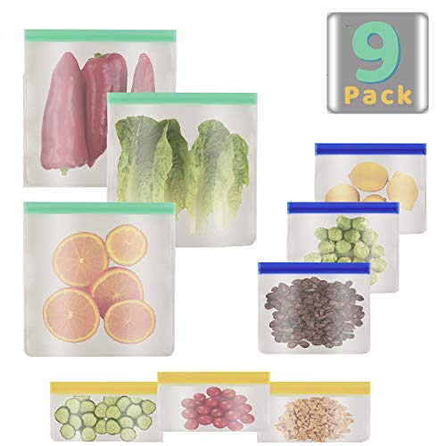 Dimono® sacchetti di silicone borse riutilizzabili zip alimentari e sacchetti freezer bag lancio Snap-lock per le verdure, frutta, carne e dolciumi (3x 750 ml; 3x 1000 ml; 3x 1800 ml, Set di 9)