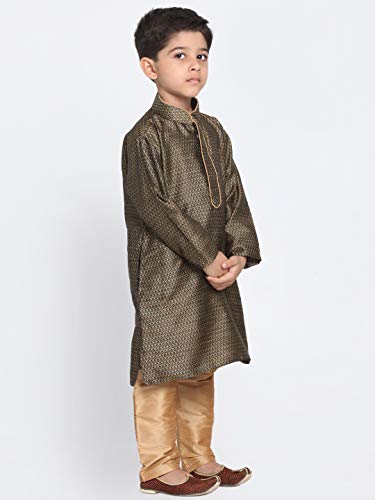 Image of JBN Creation Boys' Full Sleeve Silk Blend Kurta Pyjama Set with Mandarin Collar, Featuring Ethnic Motifs, Self-Design, and Embellishments - Perfect for Festivals and Special Occasions