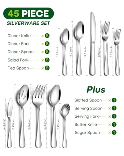 Image of PHILIPALA 45 Piece Silverware Set with Serving Utensils, Stainless Steel Flatware Set for 8 Food Grade Novelty Flatware Cutlery Utensil Set Include Knife Fork Spoon Mirror Polished Dishwasher Safe