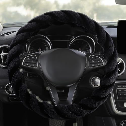 Twisted Fur Soft Steering Wheel Cover for Nissan Magnite 2020-2024 2025, Fuzzy Fluffy Car Steering Cover for Women Soft Warm Soft Faux Fur Touch,Black