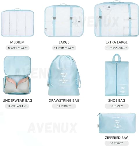 Image of 7pcs Set Travel Organizer Packing Cubes Lightweight Travel Luggage Organizers with Laundry Bag or Toiletry Bag Laundry Organiser. (SKY BLUE)