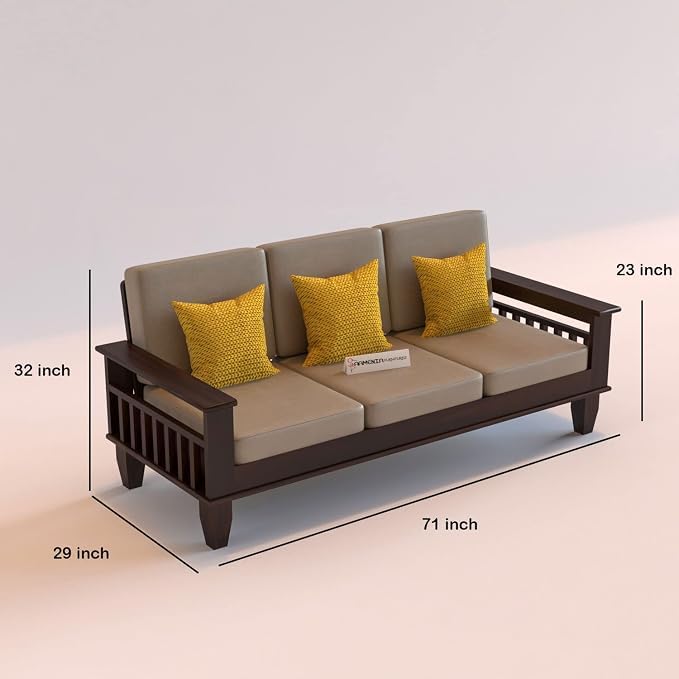 Image of Sheesham Wooden 3 Seater Sofa for Living Room | Rosewood 3 Seater Cushion Sofa with Side Newspaper Holder for Home & Office | Solid Wood Sofa Set for Lounge (Walnut)