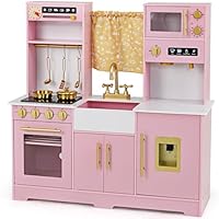 COSTWAY Kids Wooden Kitchen, Pretend Play Kitchen with Sounds & Lights, Coffee Maker, Sink, Water Dispenser, Realistic Oven, Children Chef Role Playset for Boys Girls (Pink)