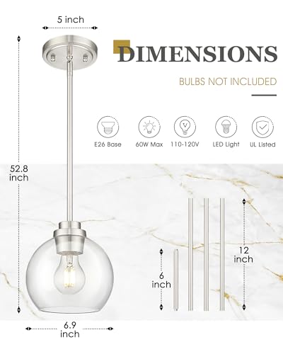 Image of Pendant Lights Kitchen Island, 7 inch Modern Brushed Nickel Hanging Lights Fixtures with Clear Glass Globe Shade, Kitchen Island Lighting for Bathroom, AD-22280-1P-SN-C