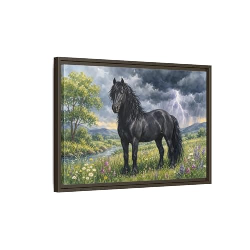 Tableau cheval noir storm sous cadre espresso salon 60x40