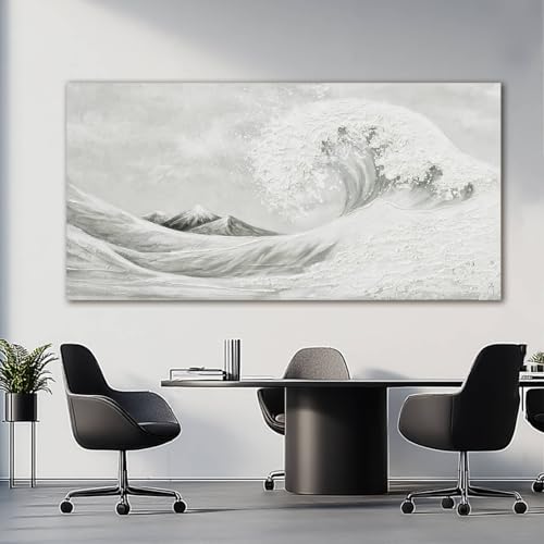 YETHEN WAL Neutral Grey Wave Wall Art – Textured Coastal Canvas Print with Hand-Painted Details, Minimalist Modern Seascape for Living Room Bedroom, 24×48 Inch by YETHEN WAL - Used condition - Image 2
