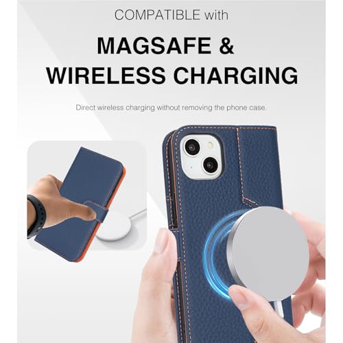 Etui coque pour iPhone 15 ELTEKER en cuir véritable bleu foncé à rabat
