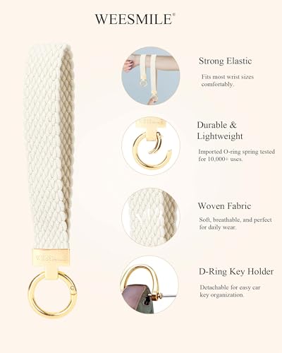 Image of WEESMILE Keychain Wristlet, Stretchy Key Chain for Car Keys with 2 Keyrings and D ring, Cute Wrist Lanyard for Women Men