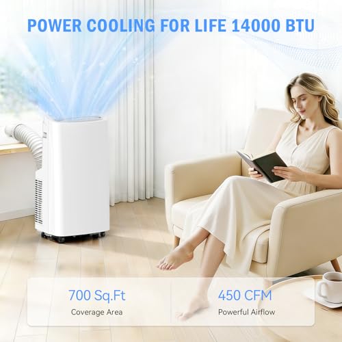 Image of 14,000 BTU Portable Air Conditioner & Wifi, 4-in-1 AC Unit Cools /Heats /Dehumidifies /Fan, Wi-Fi Smart for Room Up to 700 Sq.Ft, Remote Control, 360 Wheels for Bedroom Large Room